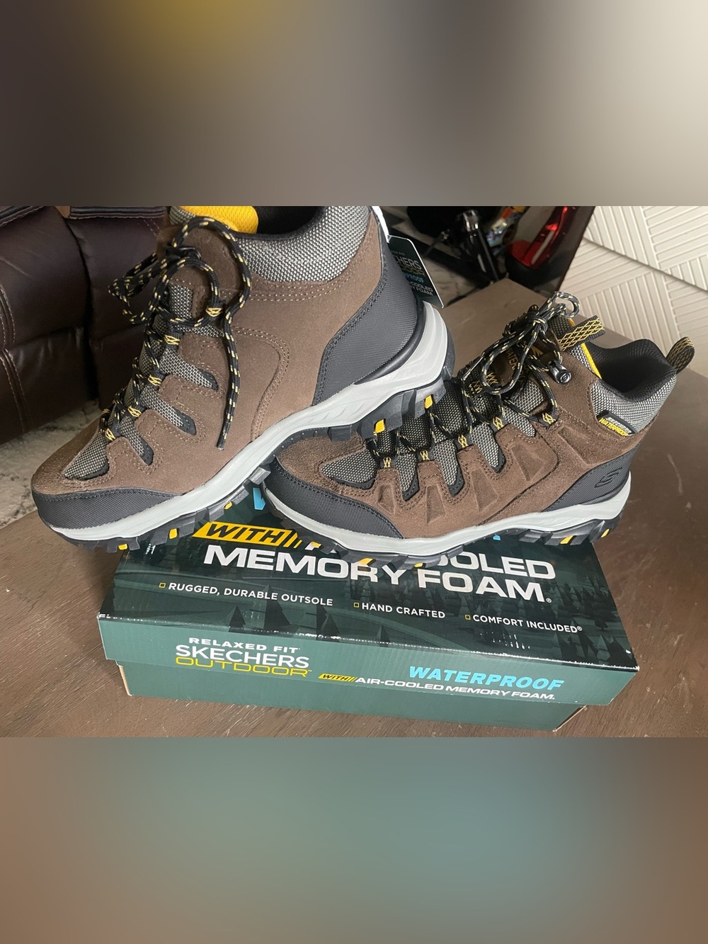 Skechers Brown and Gray Outdoor Waterproof Hikers with Yellow Accents